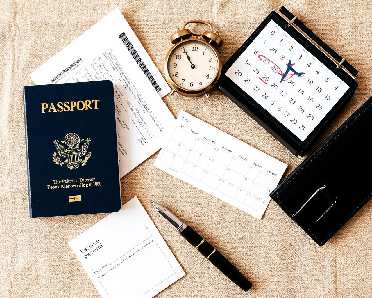 Passport, boarding pass, alarm clock and calendar on a linen surface